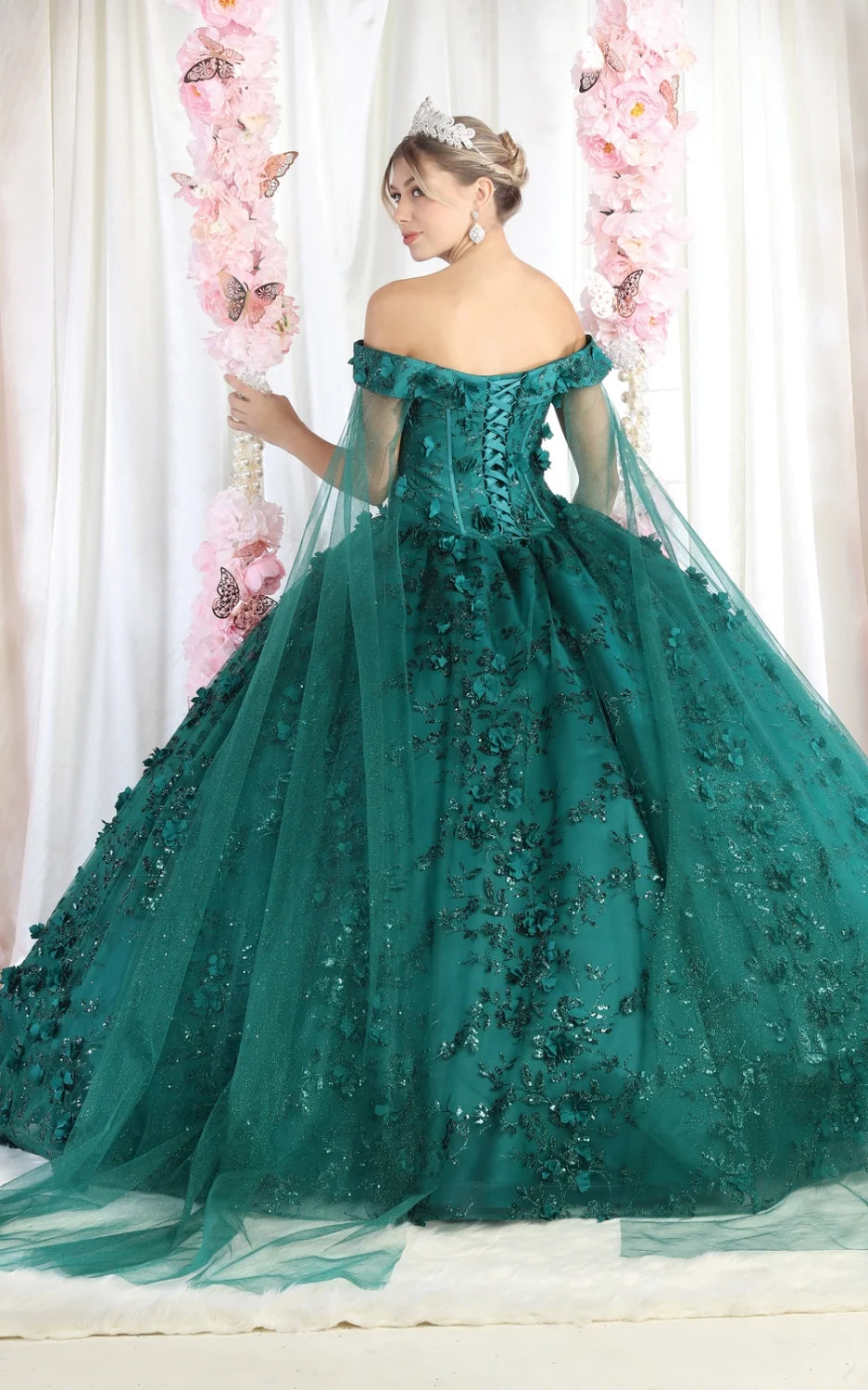 3D Floral Cape Sleeve Ball Gown by May Queen LK184