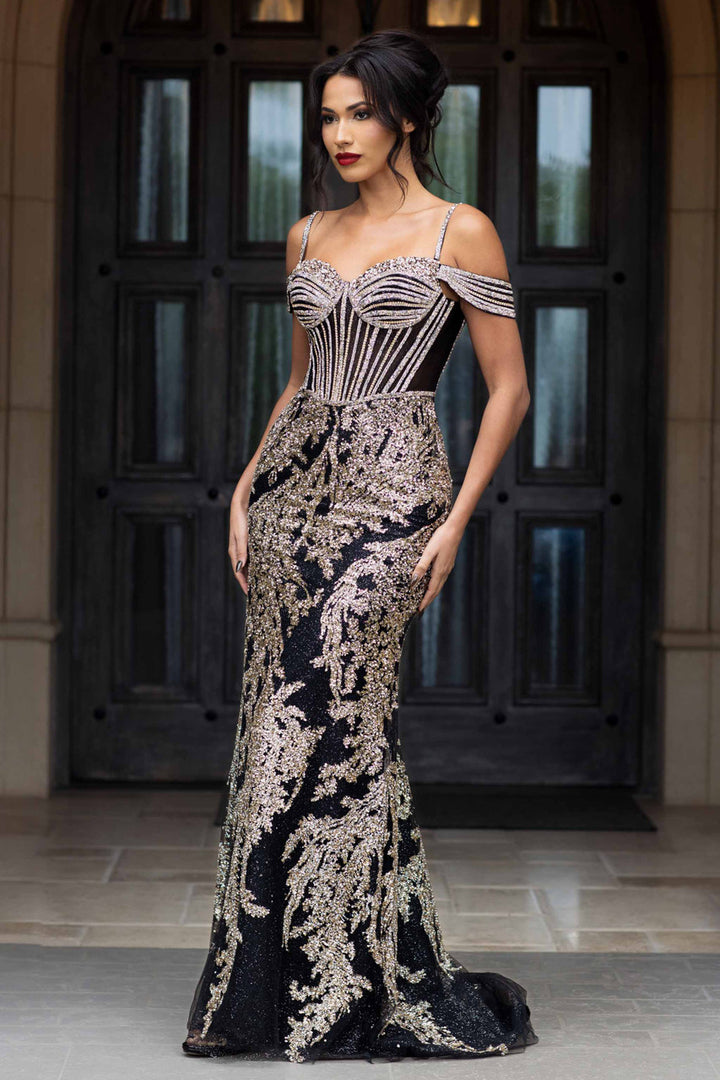 Glitter Fitted Cold Shoulder Gown by Lenovia 8422