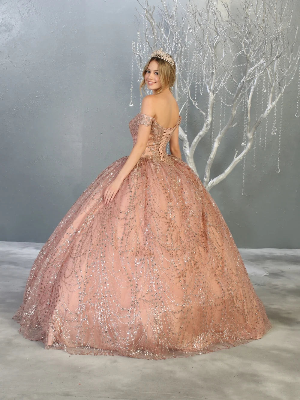 Glitter Off Shoulder Ball Gown by May Queen LK153