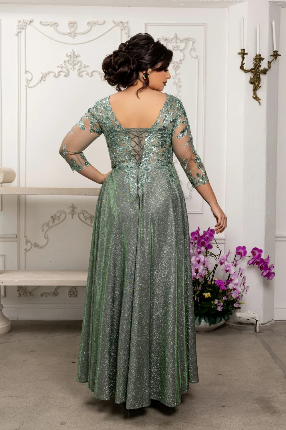 Glitter 3/4 Sleeve A-line Gown by May Queen MQ2226