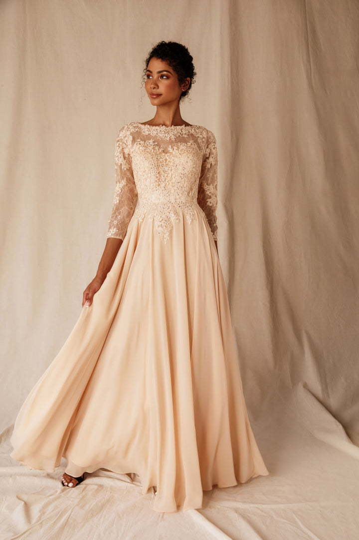 Lace Chiffon 3/4 Sleeve A-line Gown by Eureka 6909