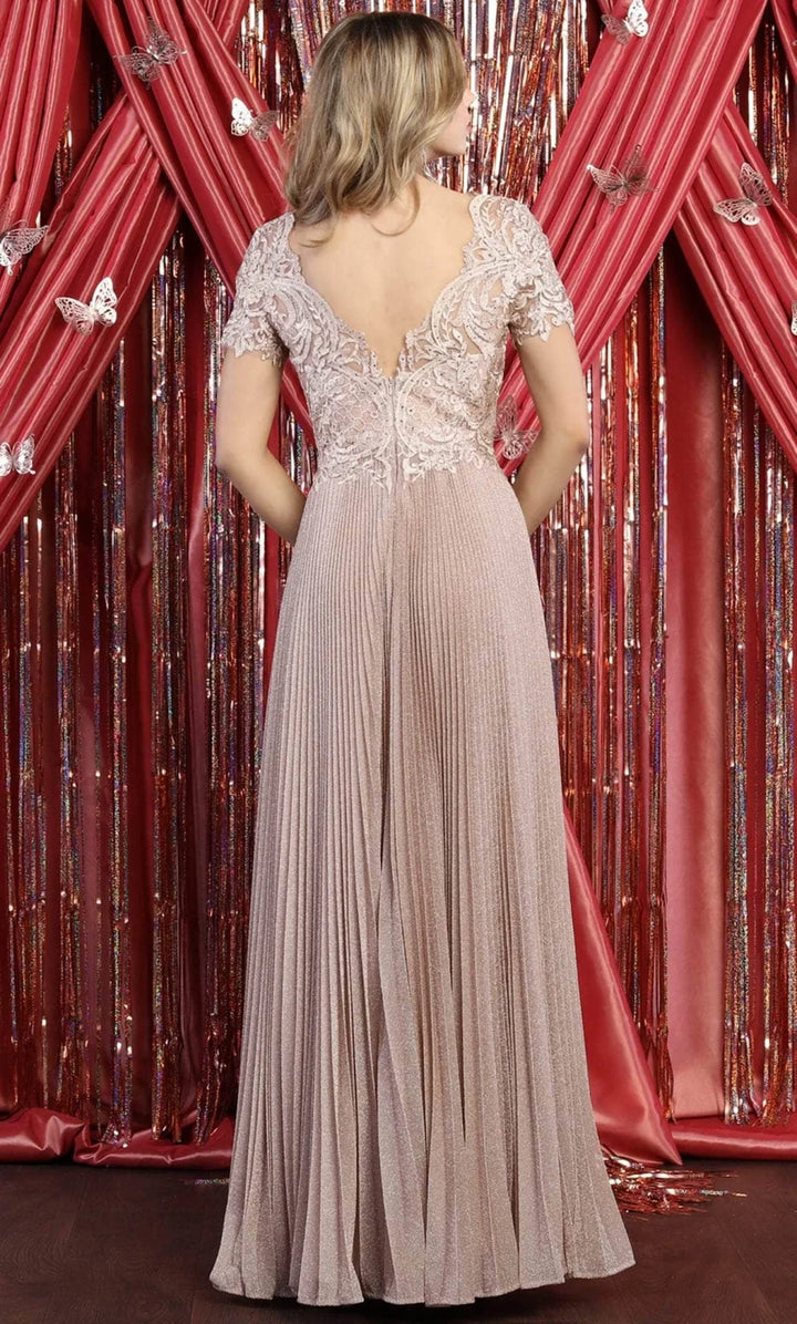 Pleated Short Sleeve A-line Gown by May Queen MQ1902