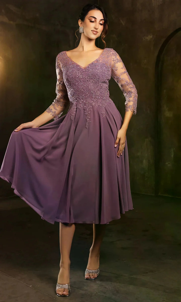 3/4 Sleeve Tea Length Dress by May Queen MQ2108