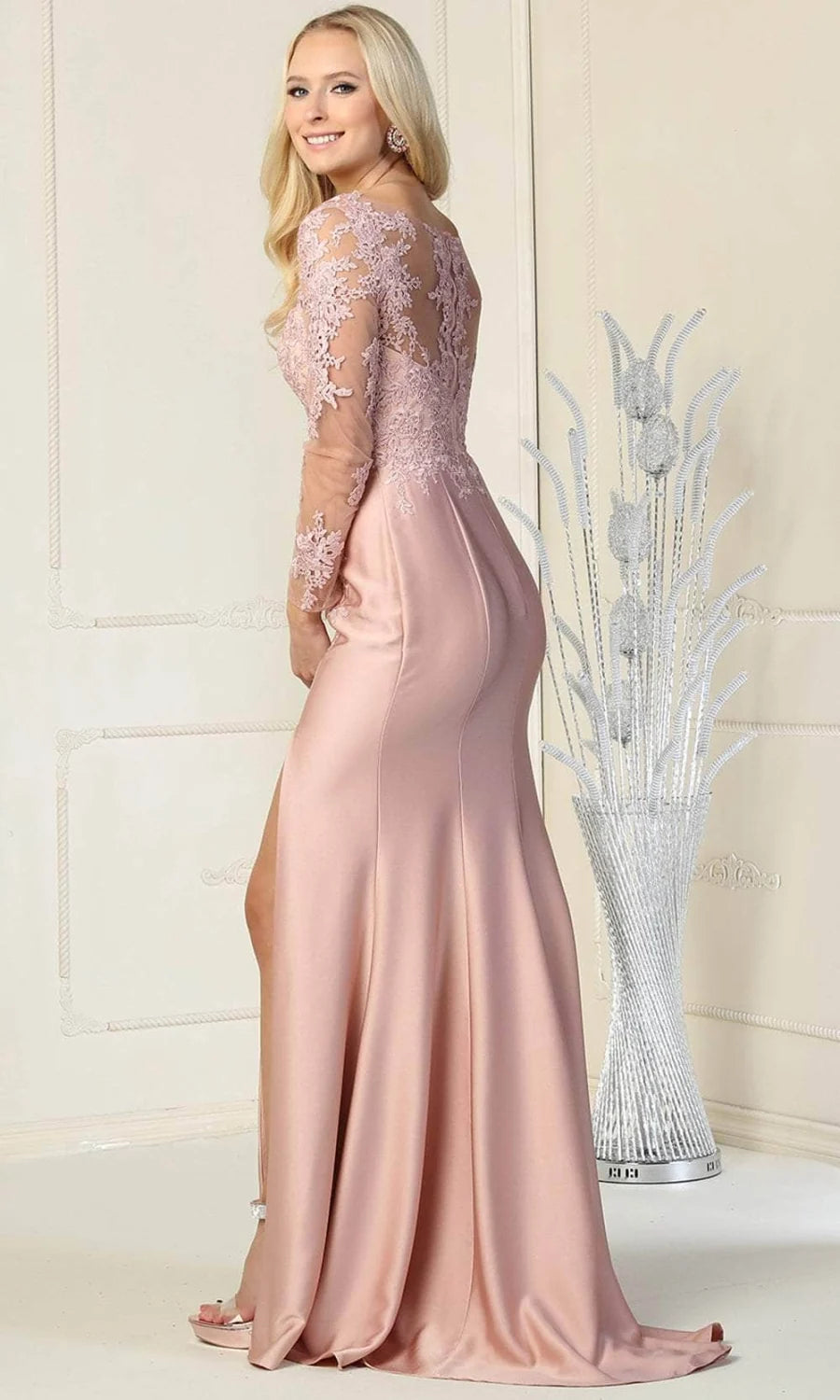 Applique Long Sleeve Slit Gown by May Queen RQ7913