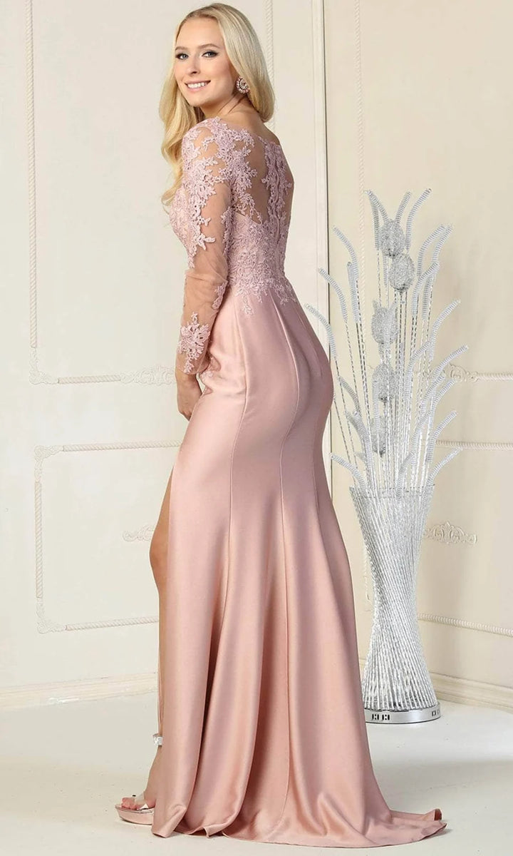 Applique Long Sleeve Slit Gown by May Queen RQ7913