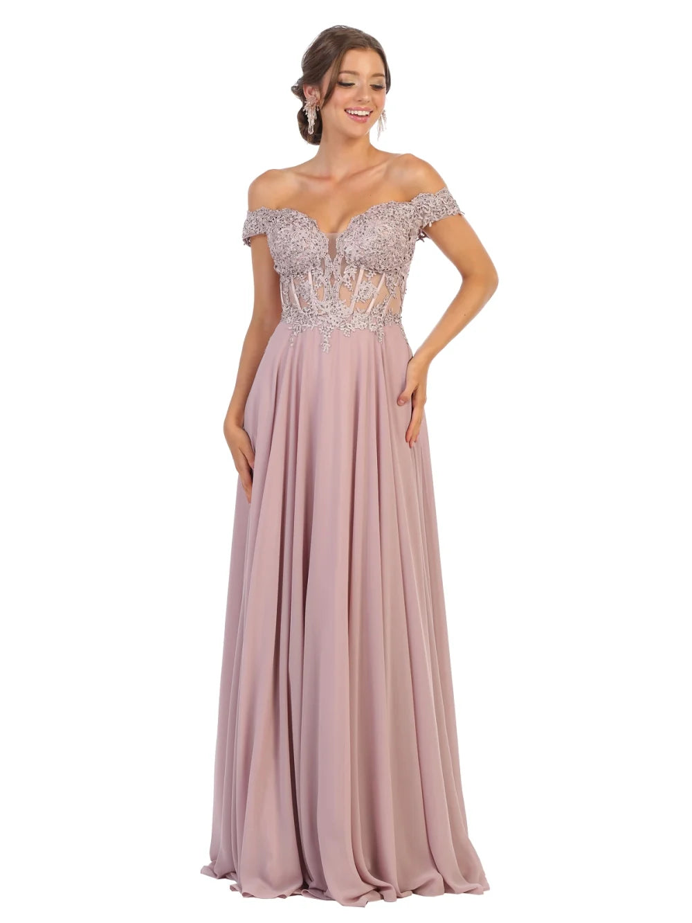Applique Off Shoulder A-line Gown by May Queen MQ1714