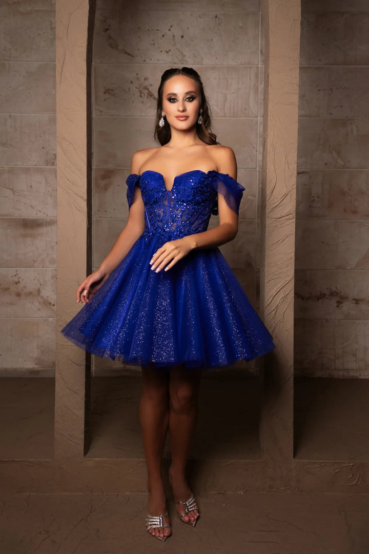 Applique Short Off Shoulder Dress by May Queen MQ2117