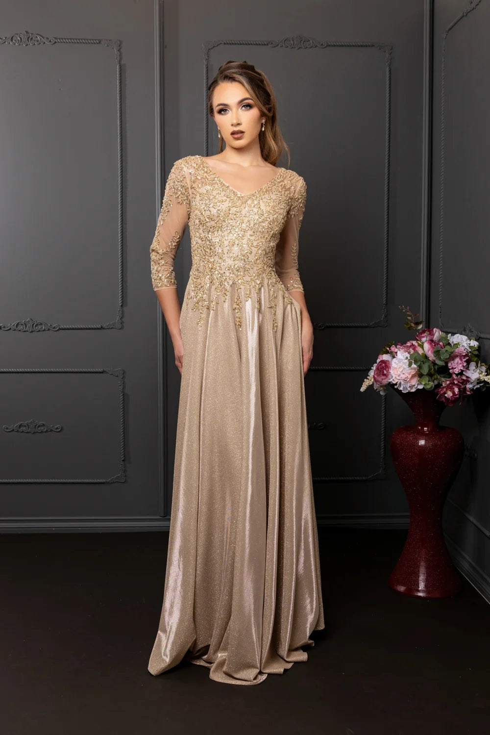 Glitter 3/4 Sleeve A-line Gown by May Queen MQ2227