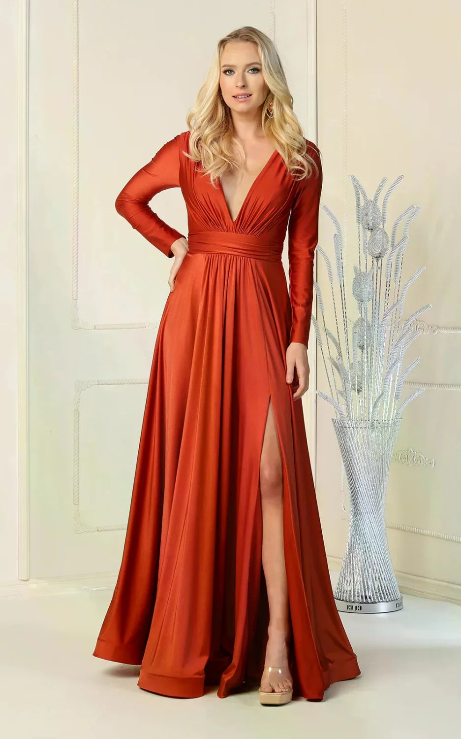 Long Sleeve A-line Slit Gown by May Queen MQ1835