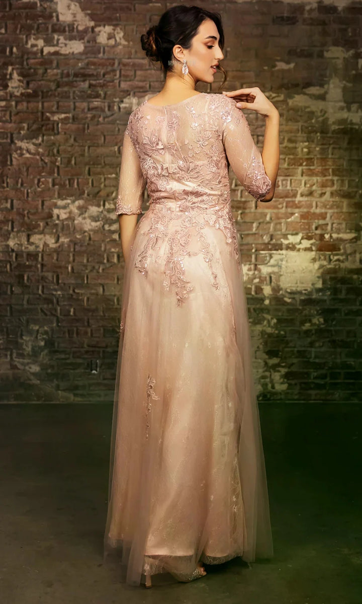 Applique Mid-Sleeve A-line Gown by May Queen MQ2143