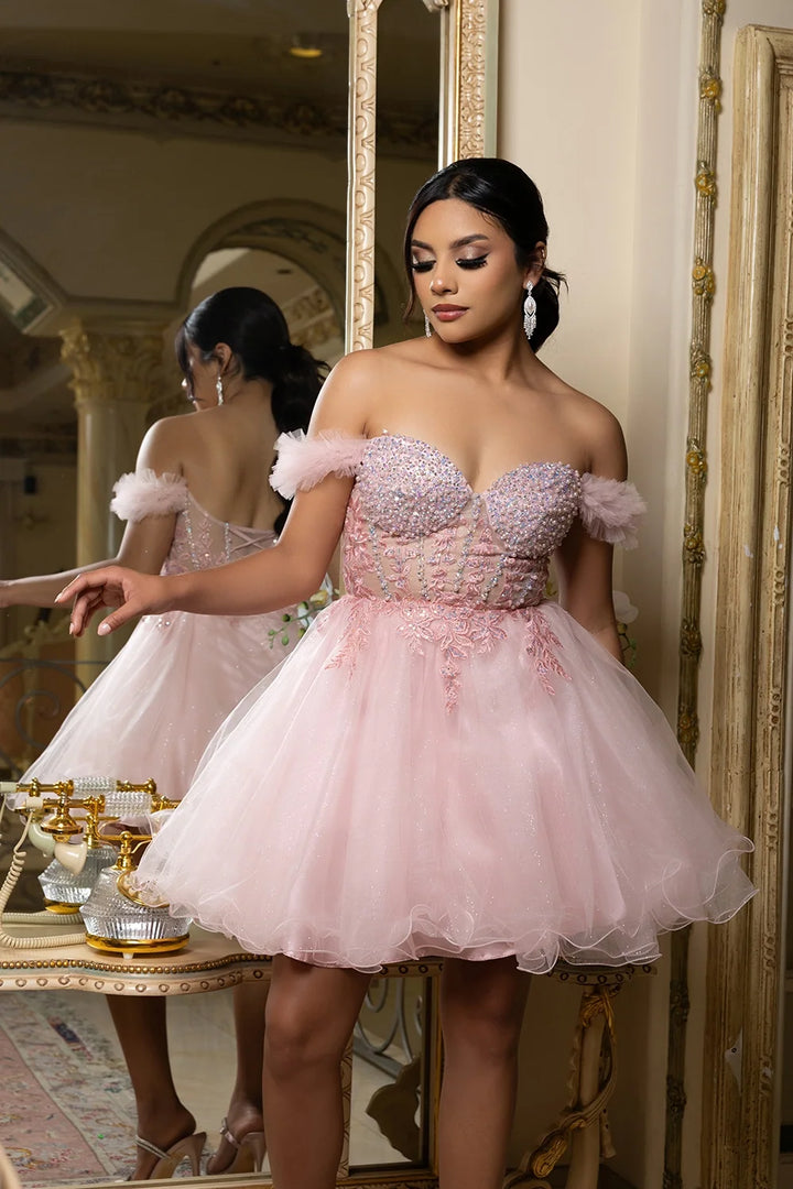 Short Off Shoulder Ruffled Dress by May Queen MQ2193