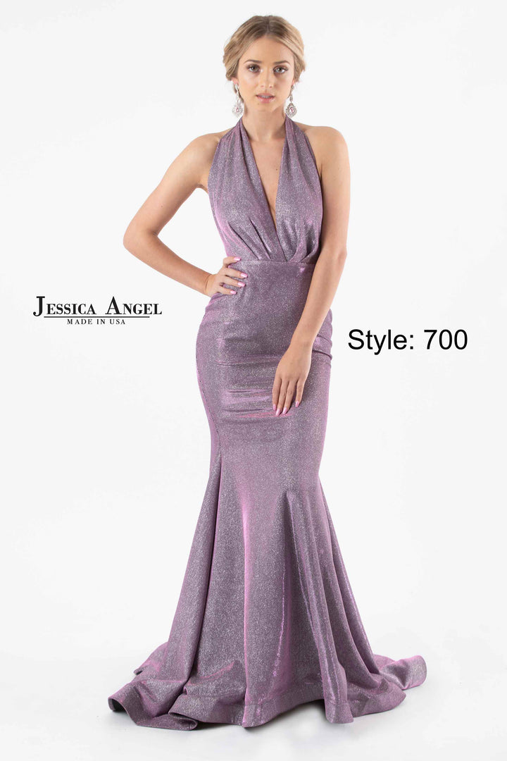 Metallic Fitted V-Neck Gown by Jessica Angel 700