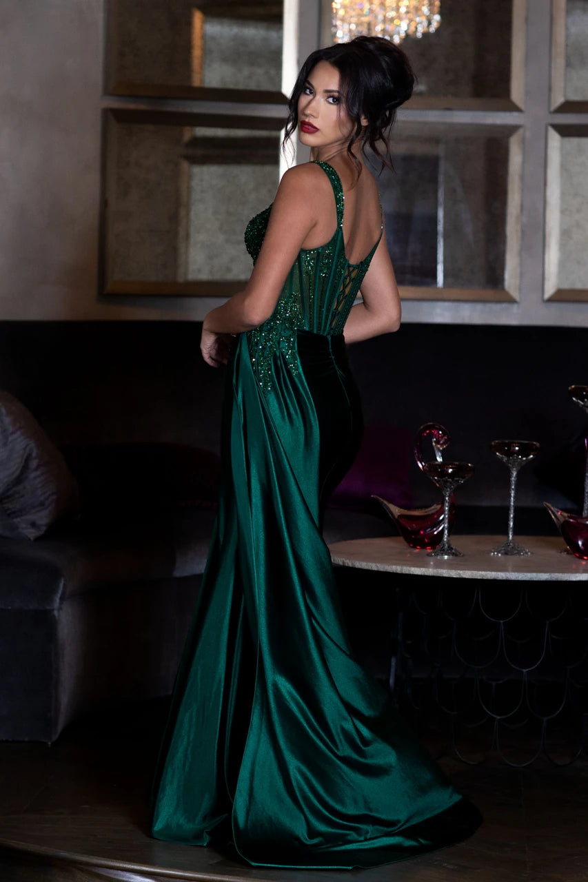 Beaded Satin Fitted V-Neck Slit Gown by Lenovia 8478