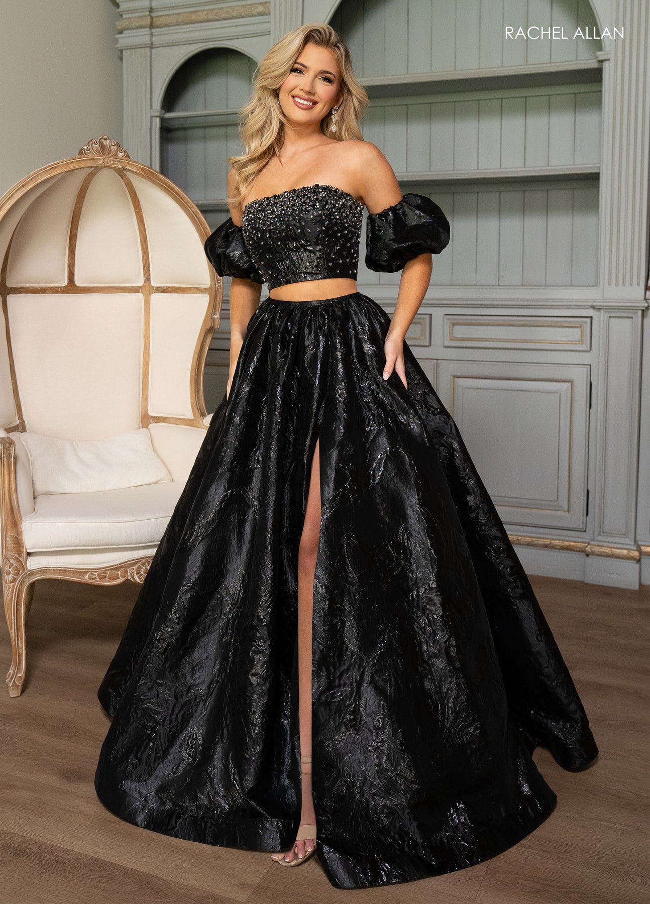 Jacquard 2-Piece Puff Sleeve Gown by Rachel Allan 70707 ABC Fashion Jacquard 2-Piece Puff Sleeve Gown by Rachel Allan 70707 ABC Fashion