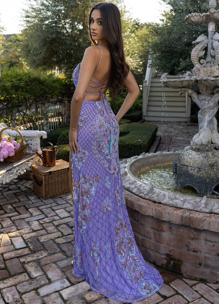 Beaded Lace-Up Back Slit Gown by Rachel Allan 70734