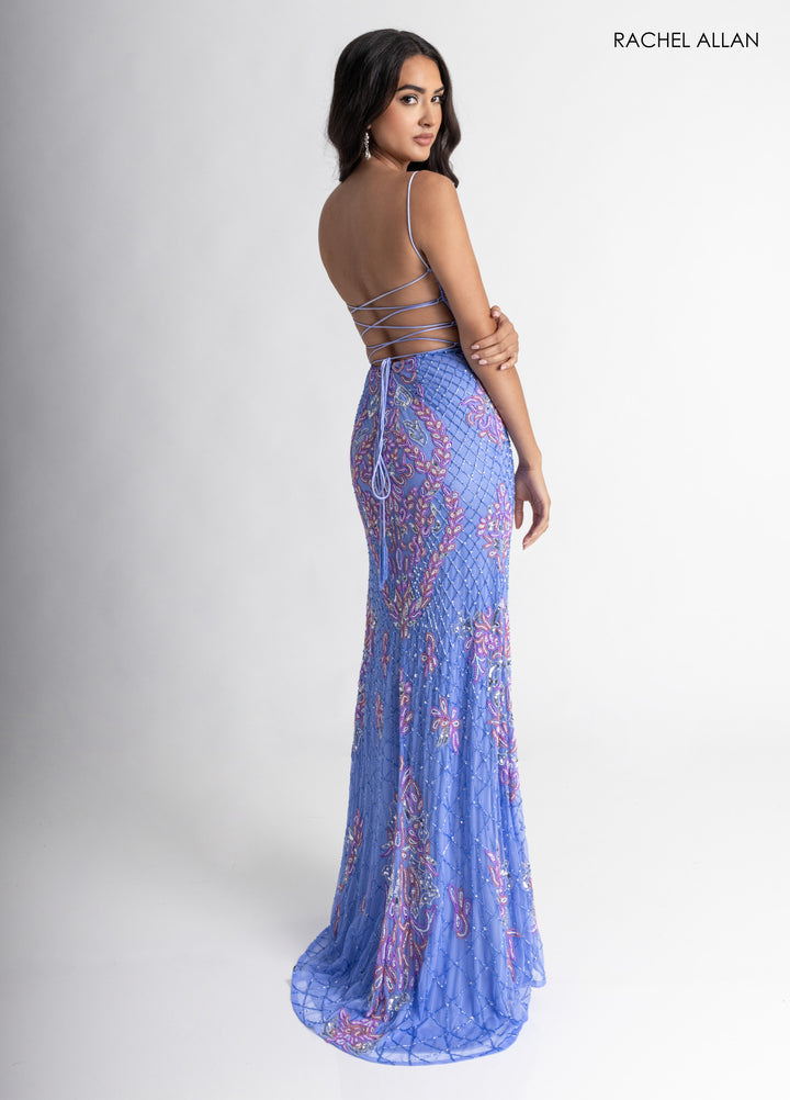 Beaded Lace-Up Back Slit Gown by Rachel Allan 70734
