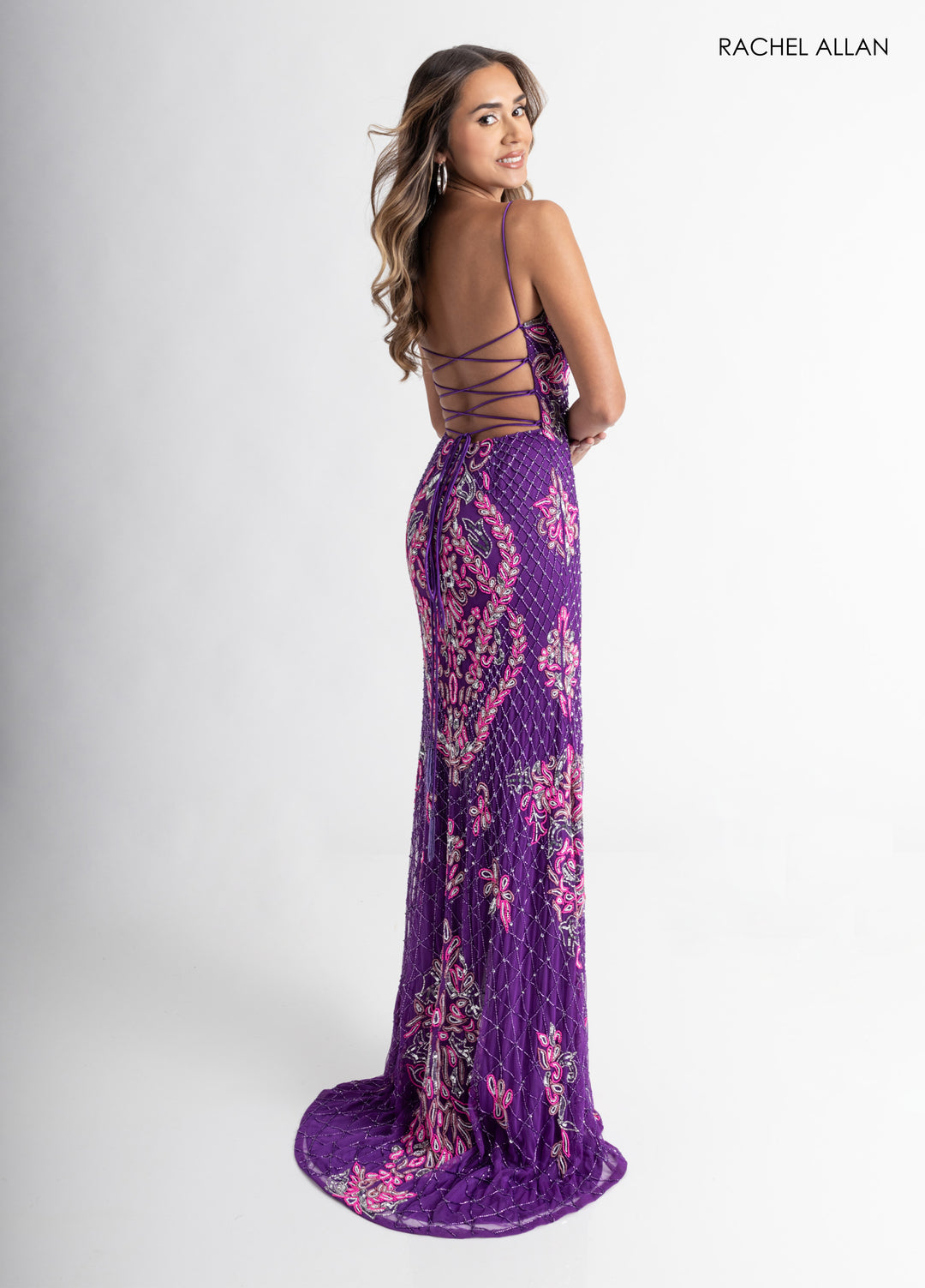 Beaded Lace-Up Back Slit Gown by Rachel Allan 70734