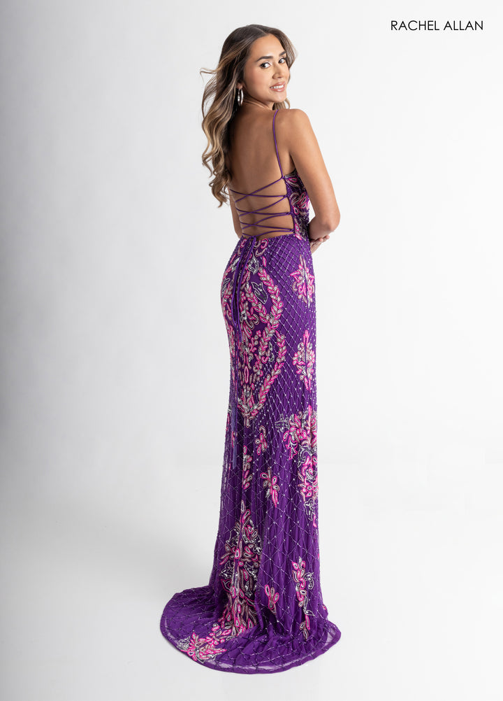 Beaded Lace-Up Back Slit Gown by Rachel Allan 70734