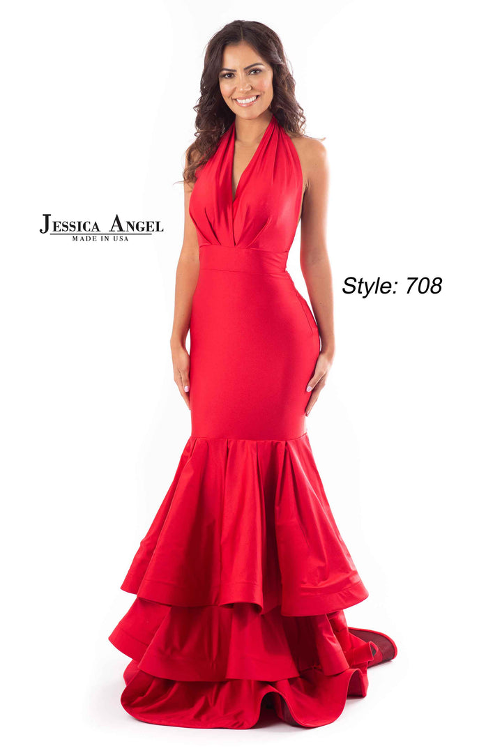 Jersey Fitted V-Neck Tiered Gown by Jessica Angel 708
