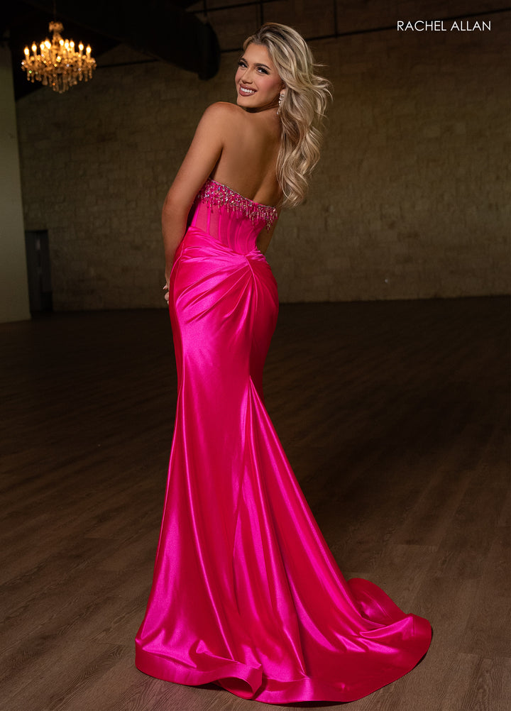 Beaded Fringe Strapless Slit Gown by Rachel Allan 70817