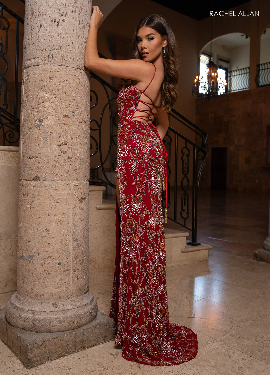 Beaded Lace-Up Back Slit Gown by Rachel Allan 70831