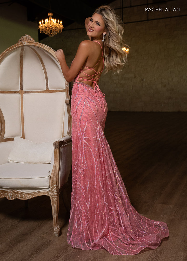 Glitter Lace-Up Back Slit Gown by Rachel Allan 70853