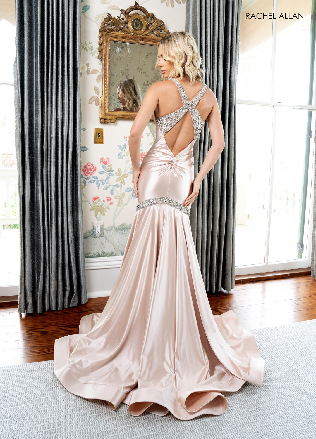 Satin Fitted V-Neck Gown by Rachel Allan 70932