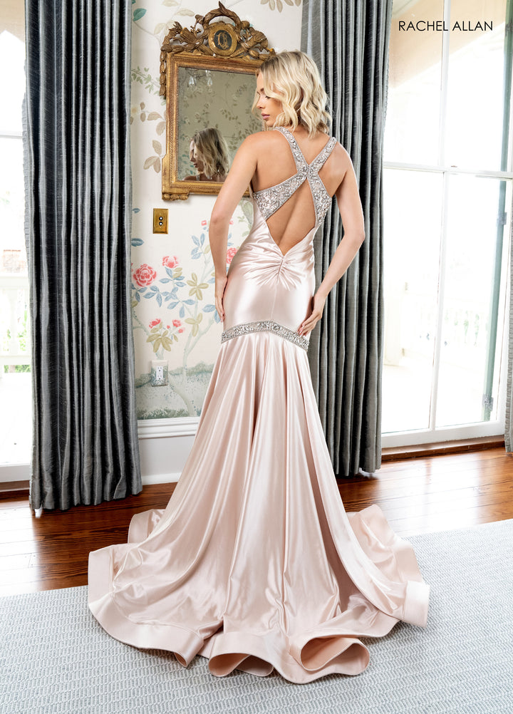 Satin Fitted V-Neck Gown by Rachel Allan 70932