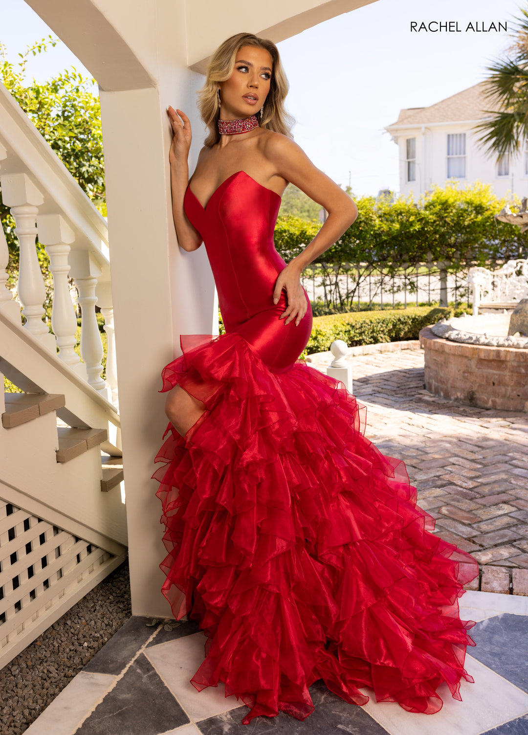 red ruffle slit dress Strapless Ruffled Slit Gown by Rachel Allan 70938