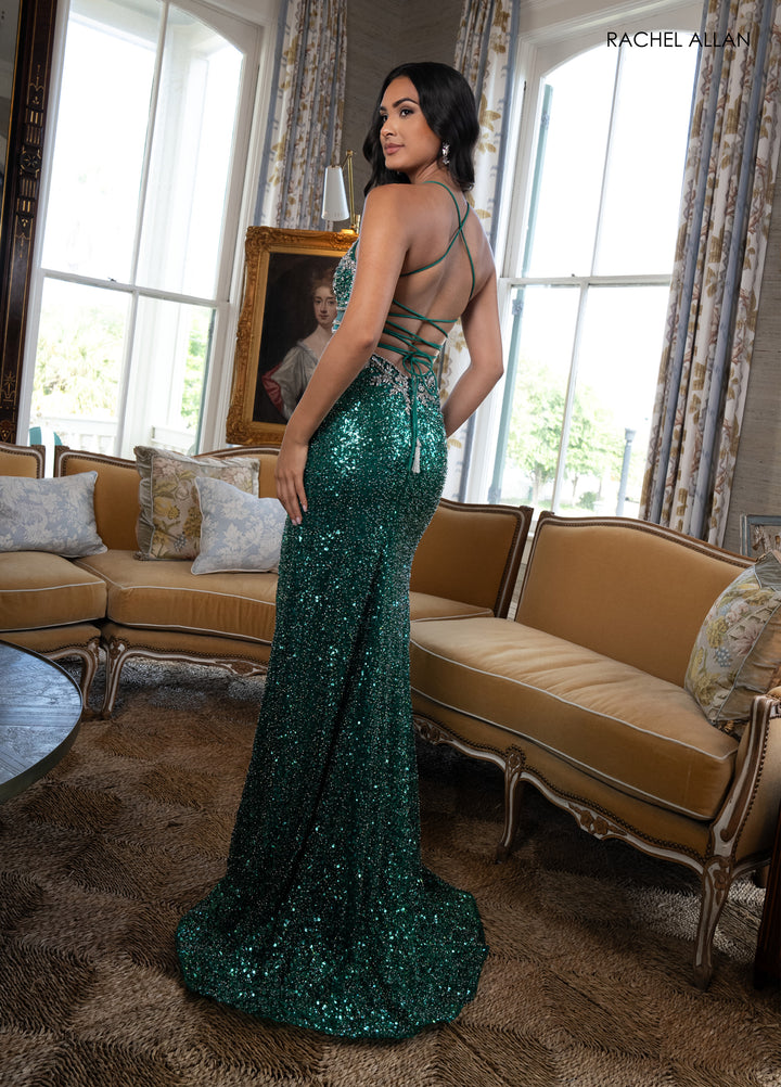 Beaded Strappy Back Slit Gown by Rachel Allan 70941