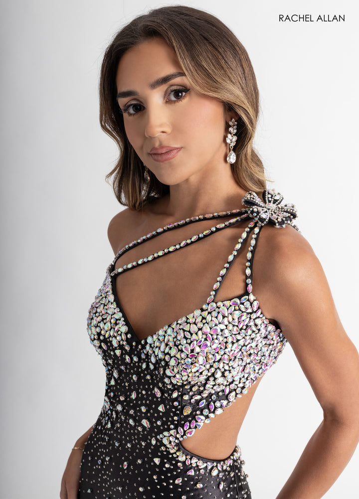 Beaded One Shoulder Slit Gown by Rachel Allan 70943