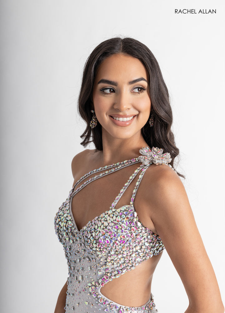 Beaded One Shoulder Slit Gown by Rachel Allan 70943