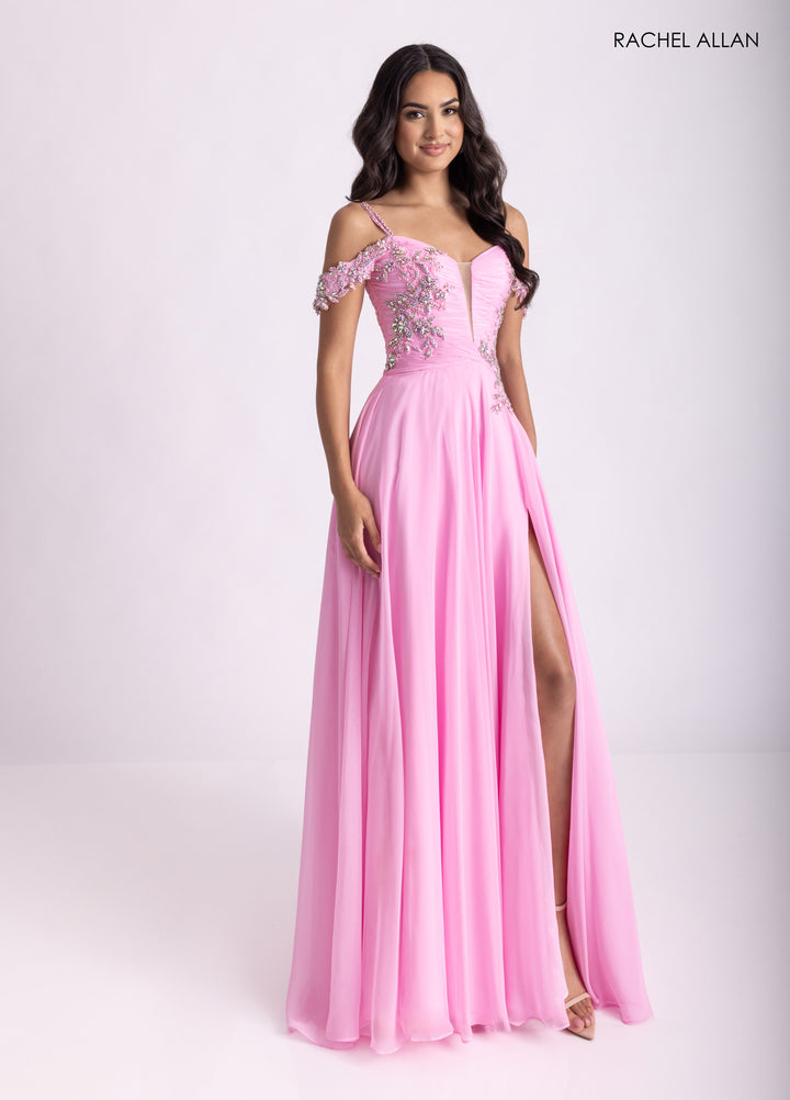 Cold Shoulder A-line Slit Gown by Rachel Allan 70951