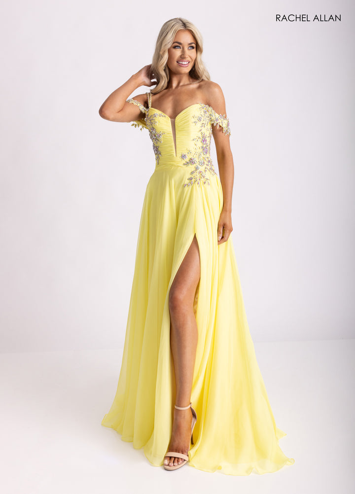 Cold Shoulder A-line Slit Gown by Rachel Allan 70951
