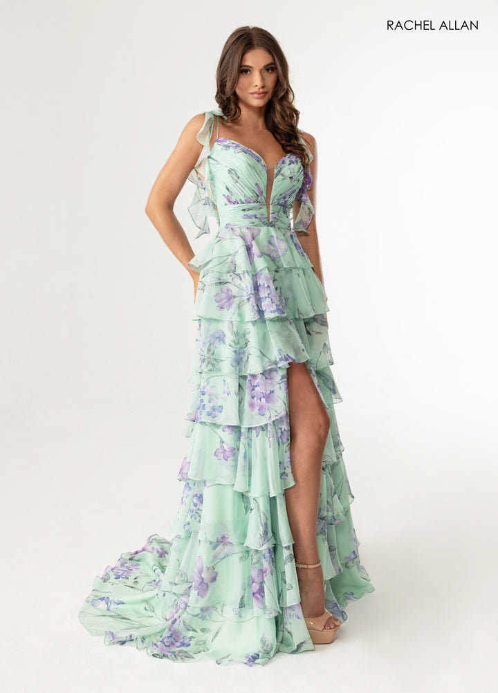 Print Sleeveless Tiered Gown by Rachel Allan 70953