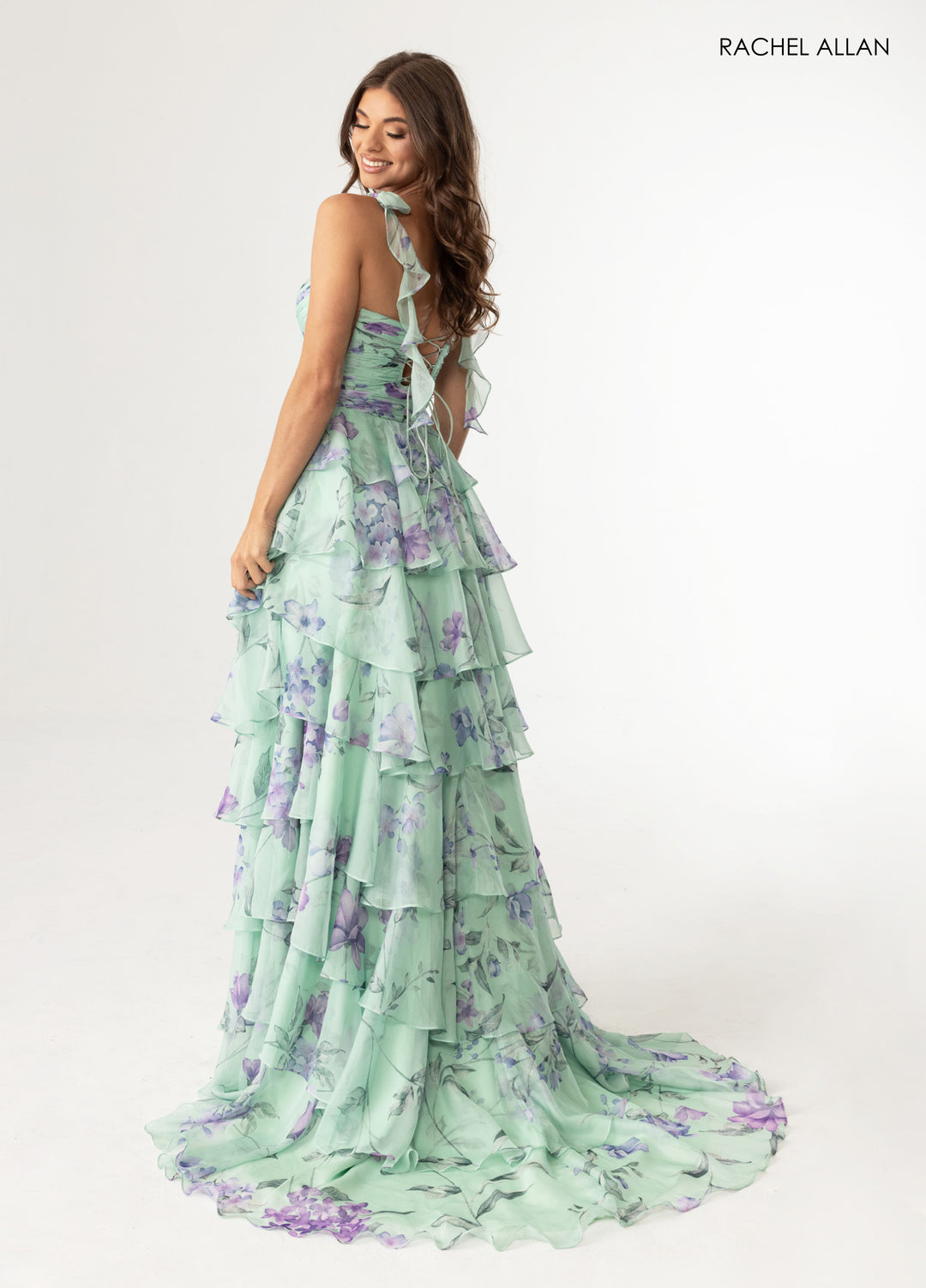 Print Sleeveless Tiered Gown by Rachel Allan 70953