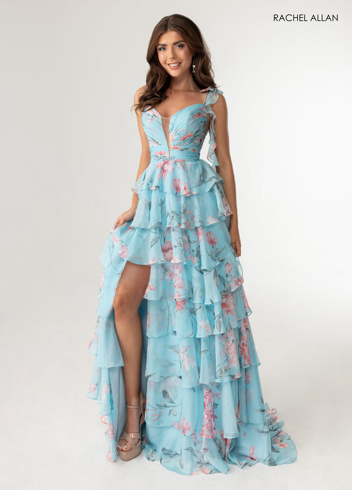 Print Sleeveless Tiered Gown by Rachel Allan 70953