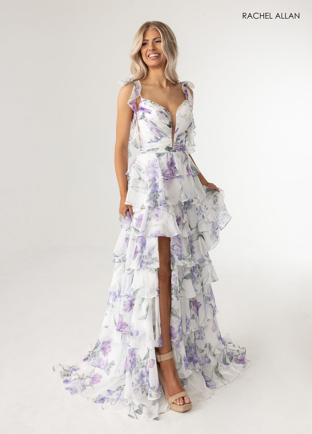 Print Sleeveless Tiered Gown by Rachel Allan 70953
