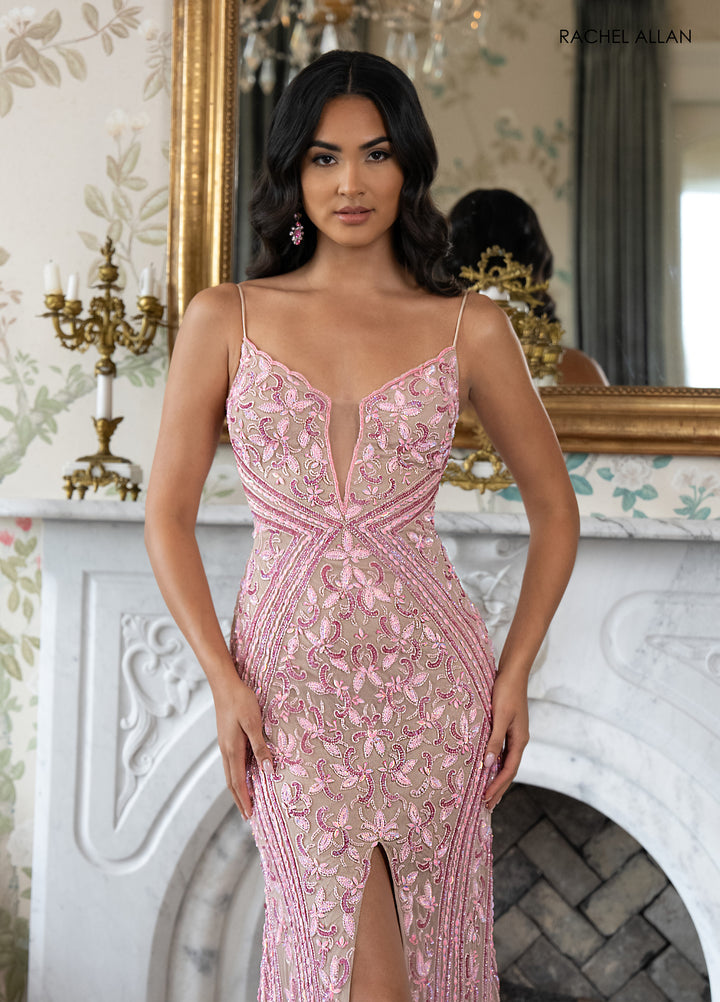 Beaded Sleeveless Slit Gown by Rachel Allan 70958