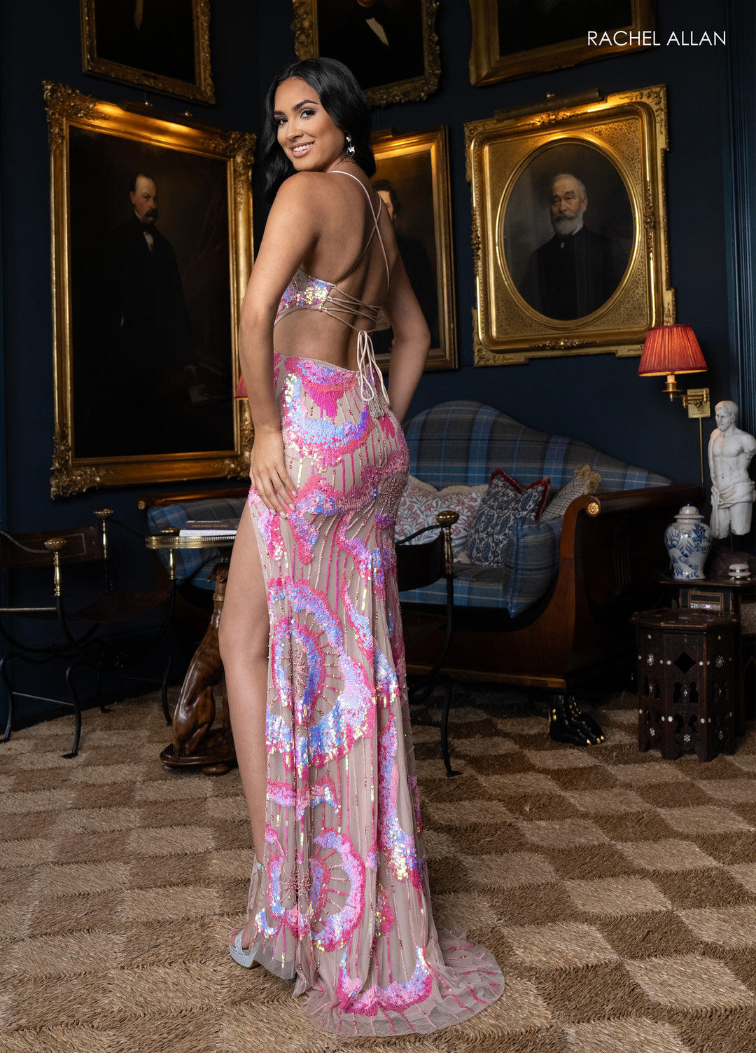 Sequin Strappy Back Slit Gown by Rachel Allan 70962