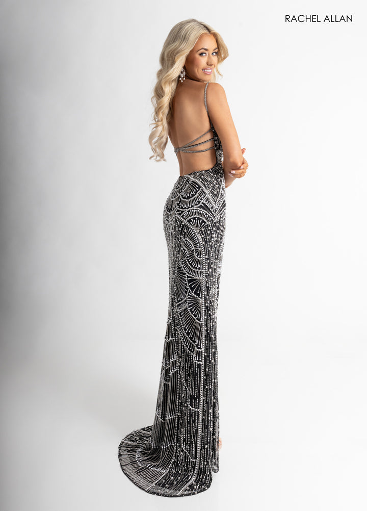 Beaded Strappy Back Slit Gown by Rachel Allan 70970