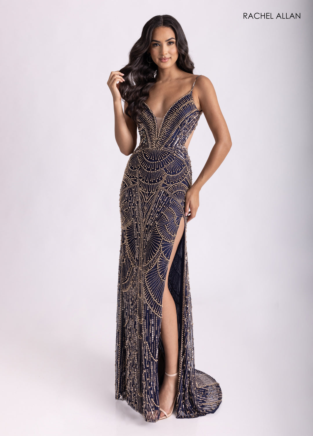 Beaded Strappy Back Slit Gown by Rachel Allan 70970