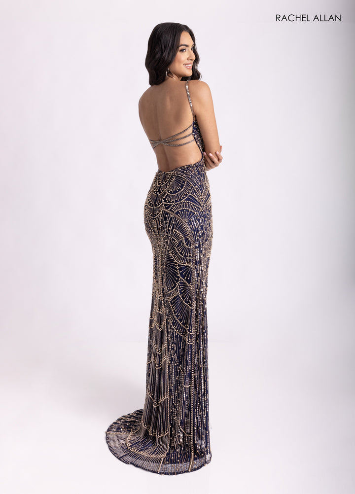 Beaded Strappy Back Slit Gown by Rachel Allan 70970