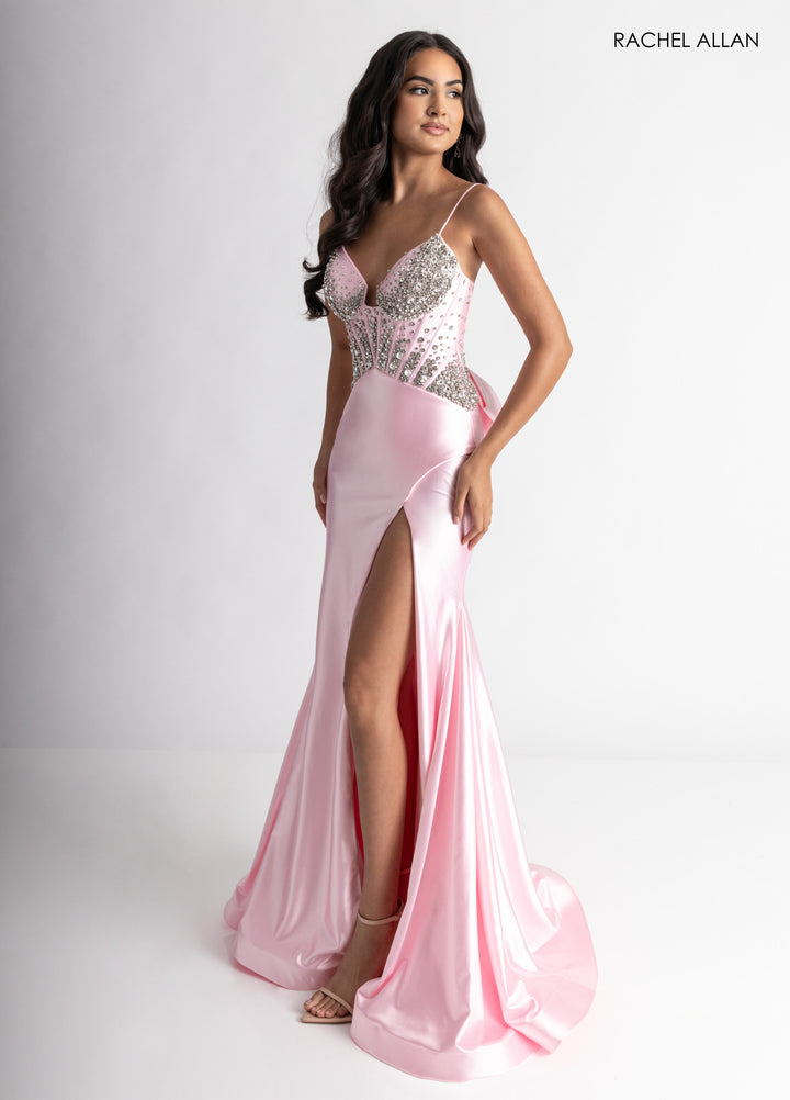 Beaded Bustier Slit Gown by Rachel Allan 70971