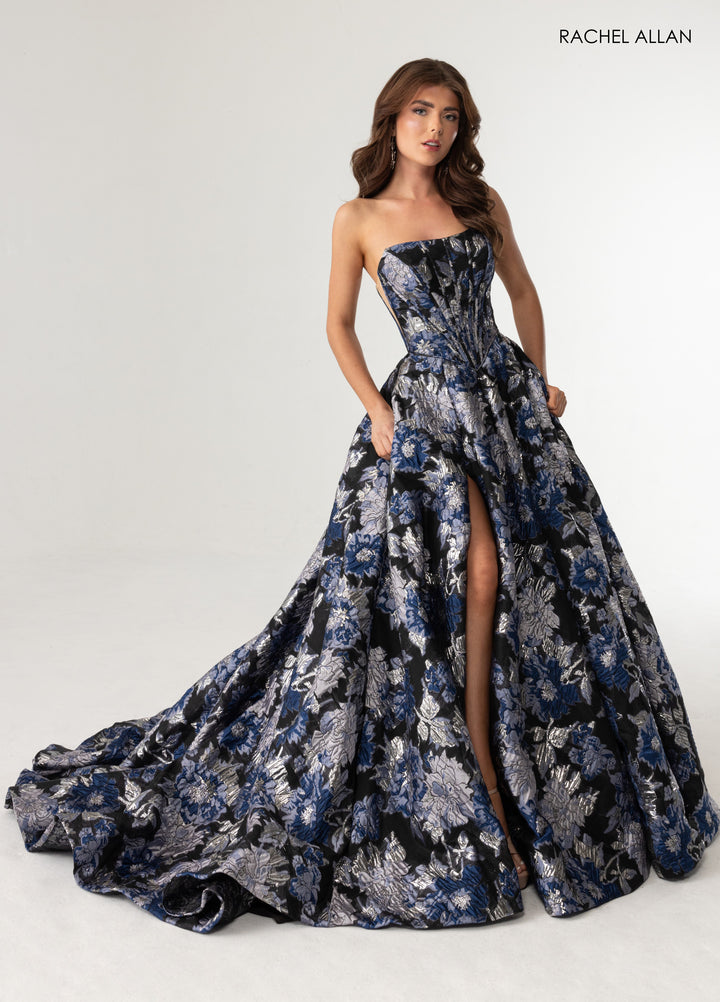 Print Strapless A-line Slit Gown by Rachel Allan 70975