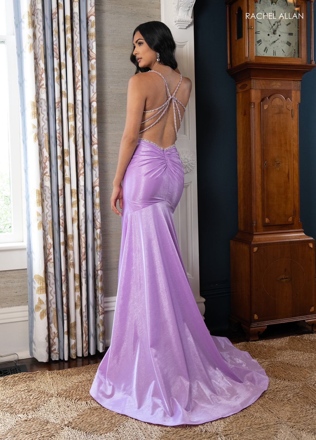 Beaded Strappy Back Slit Gown by Rachel Allan 70983