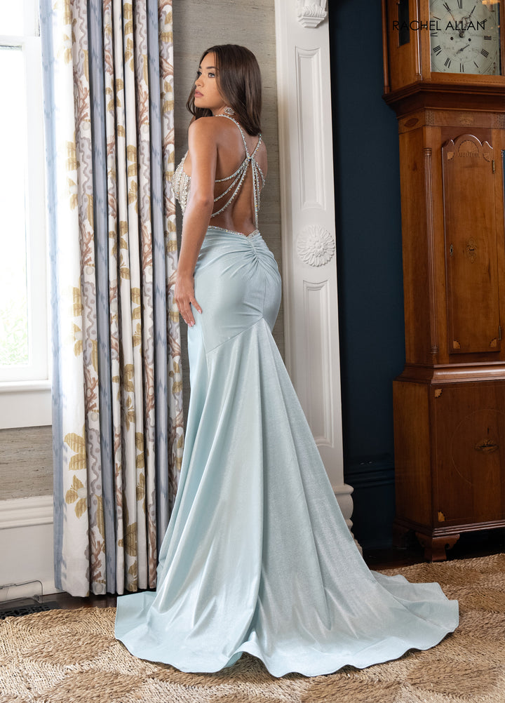 Beaded Strappy Back Slit Gown by Rachel Allan 70983