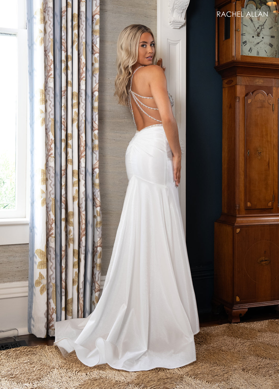 Beaded Strappy Back Slit Gown by Rachel Allan 70983 00 / White Beaded Strappy Back Slit Gown by Rachel Allan 70983 00 / White