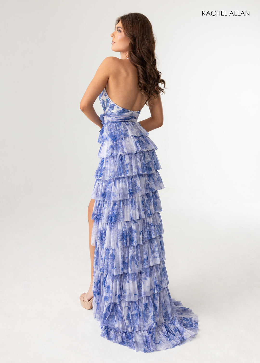 Print Halter Tiered Slit Gown by Rachel Allan 70985