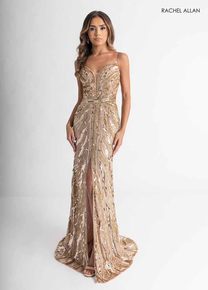 Beaded Sleeveless Slit Gown by Rachel Allan 70990